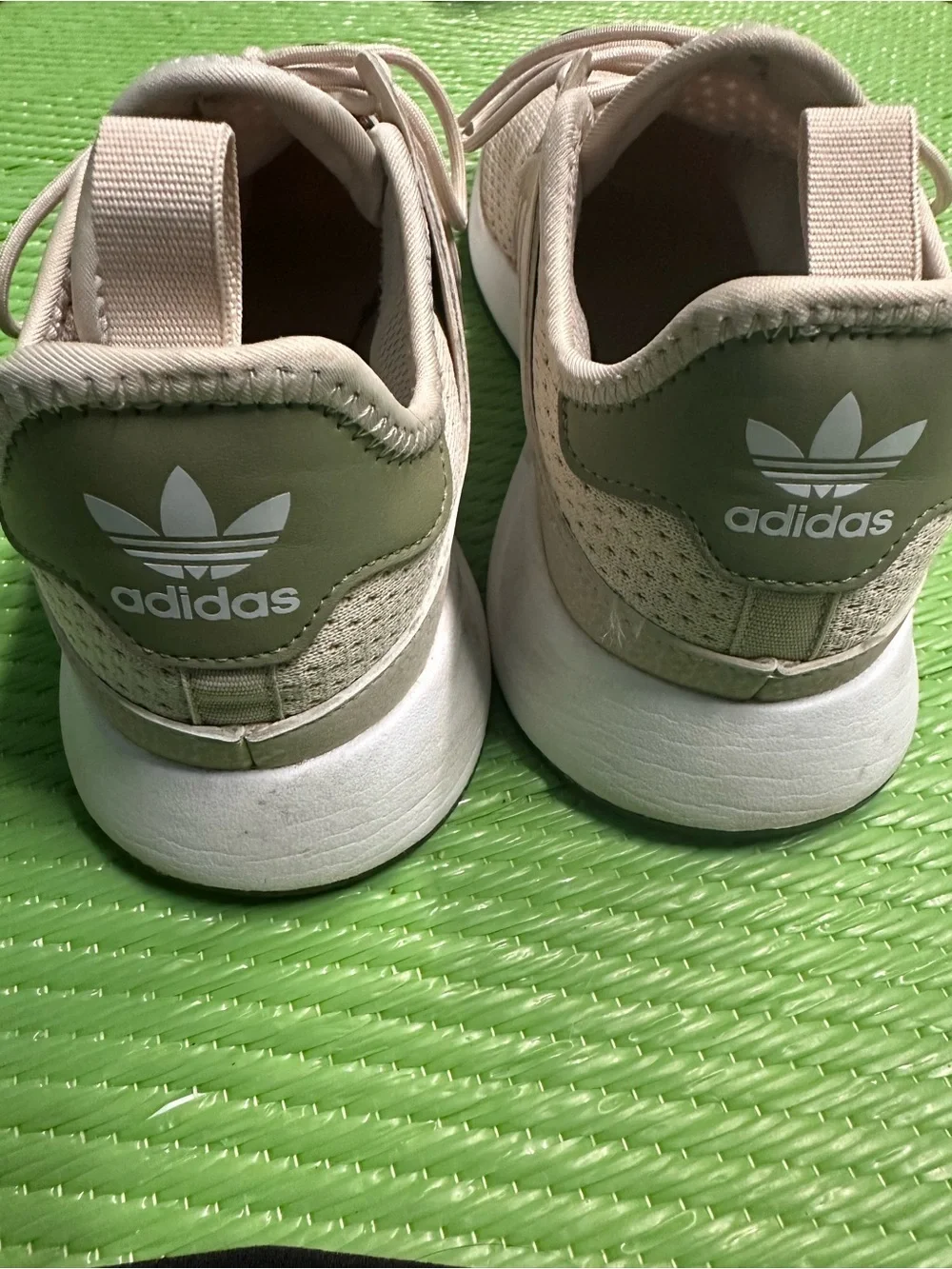 adidas Men’s Beige Knit Athletic Sneakers with Olive Tongue Detail